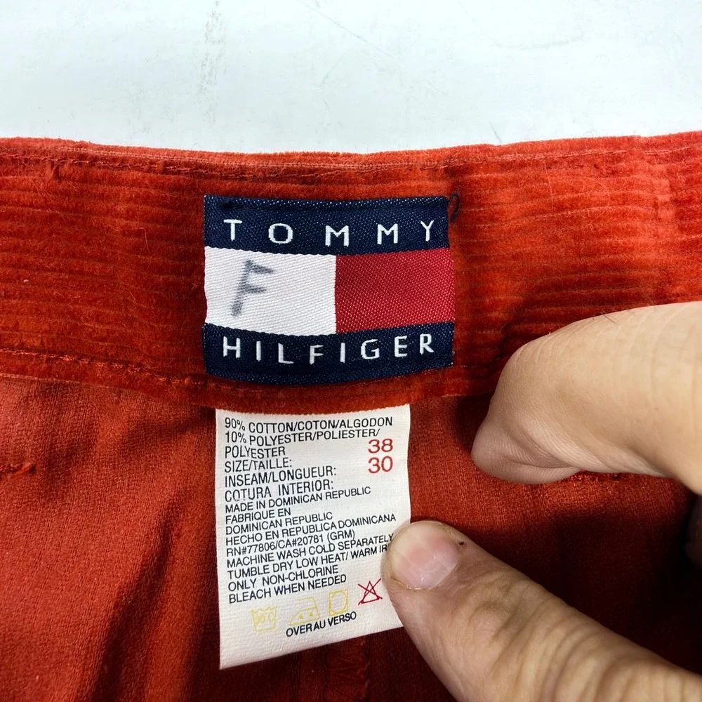 Tommy Hilfiger Vintage 90s Corduroy Pants Mens 38x30 Pleated Rust Orange Crest